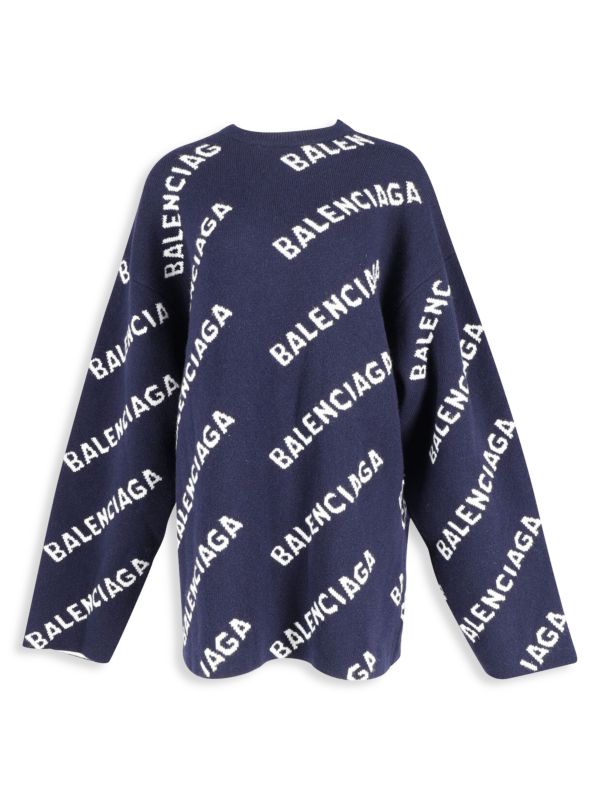 Balenciaga Balenciaga All Over Logo Sweatshirt In Navy Blue Wool